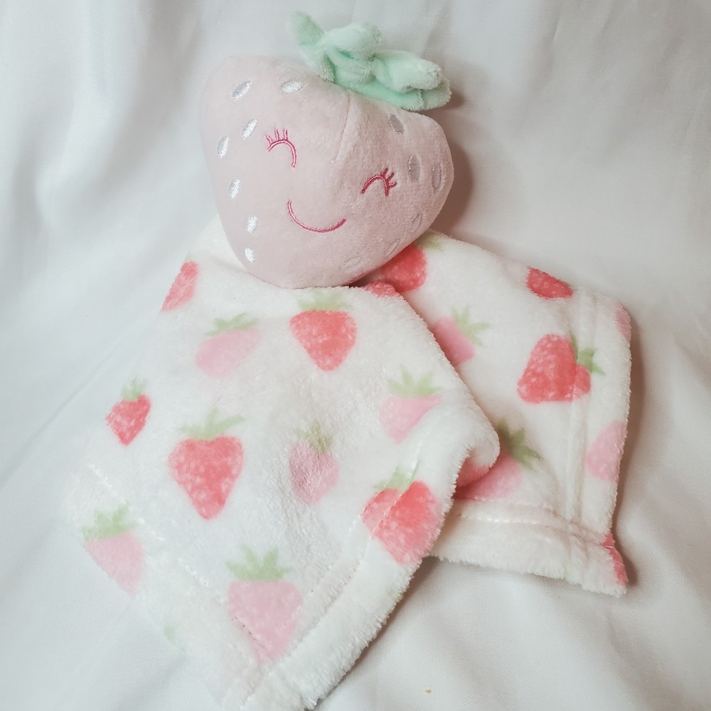Lucky Moon Strawberry Lovey Security Blanket White Pink 11x11